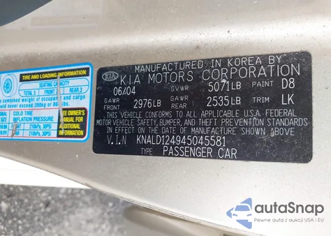 2004 Kia Amanti z USA, uszkodzony, nr VIN KNALD124945045581